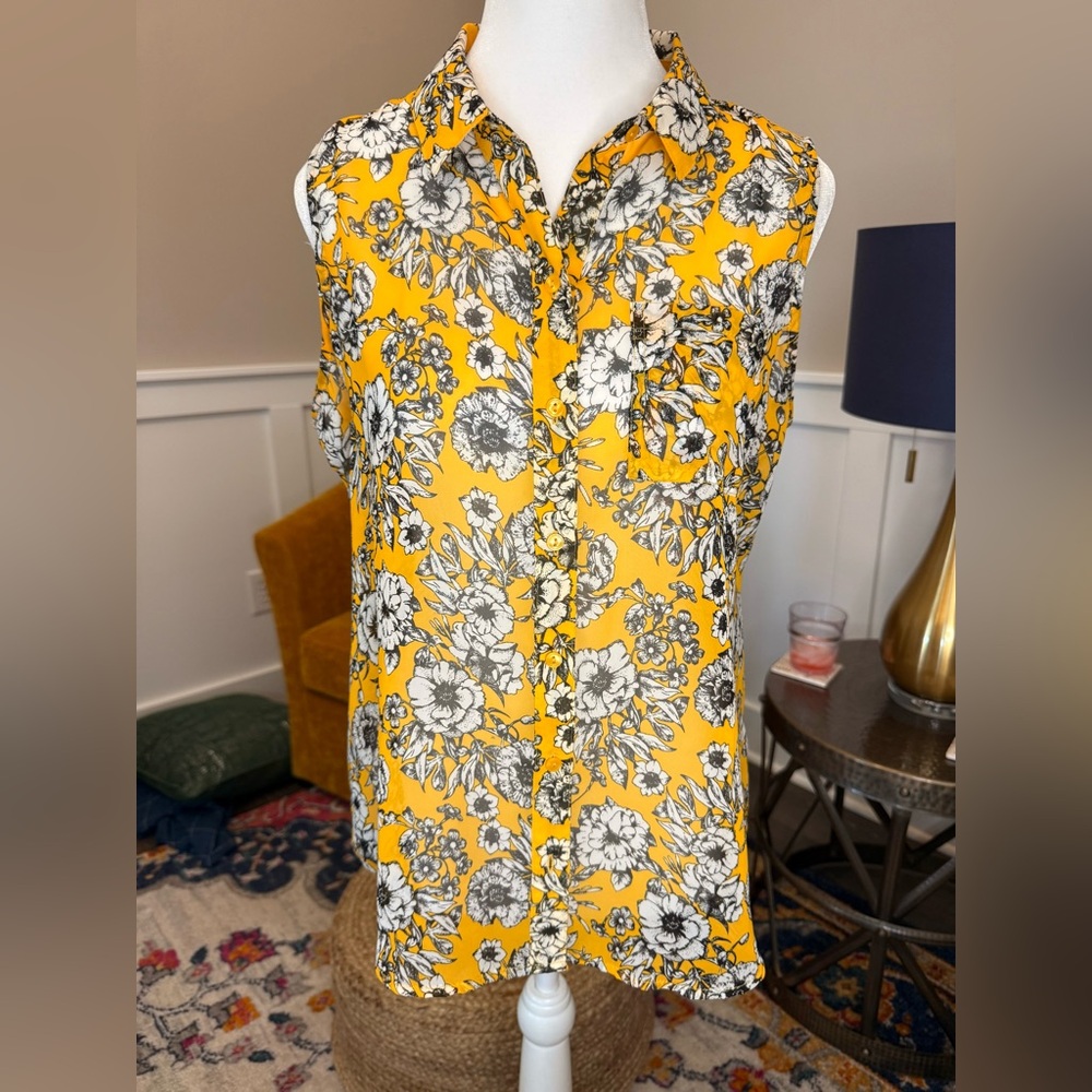 Liz Claiborne SZ PM Yellow black white sheer Floral Blouse